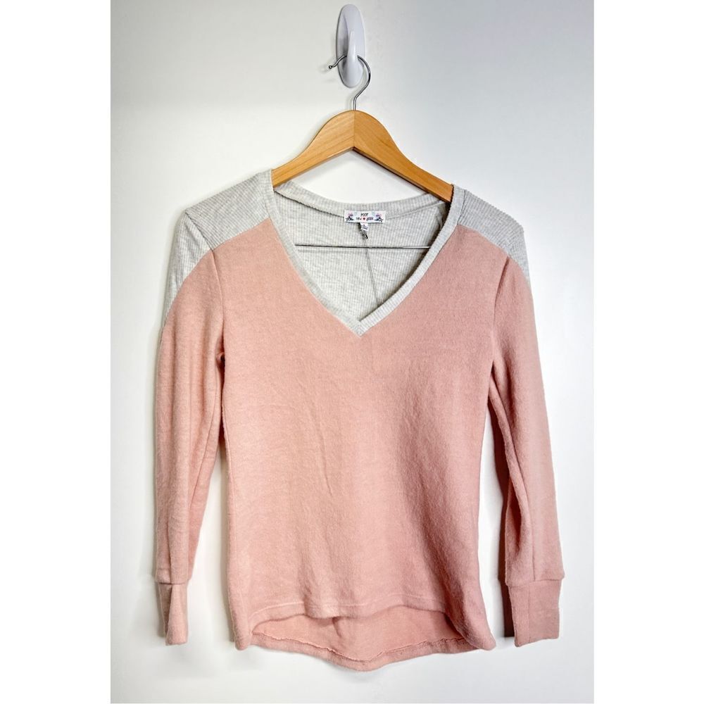 Poof New York Shirt Womens Long Sleeve V Neck Pink/Gray Size Small Nwt